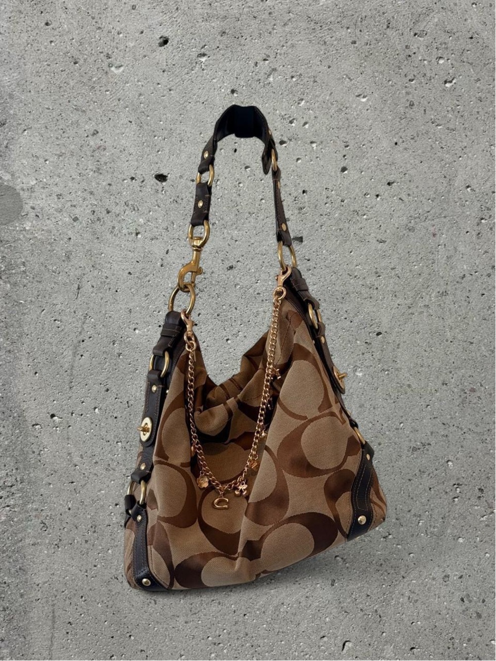 Coach Brown Signature Canvas Hobo Shoulder Bag with Gold Hardware